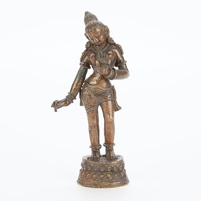 Indian Bronze Figure of Goddess Parvati. Indian bronze figure depicting a standing goddess