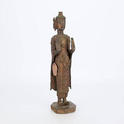 Thai Bronze Buddha. Thai bronze buddha statuette. Height: 19 in x width: 5 in x depth: 5 1/4