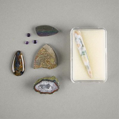 8 Minerals Incl. Rainbow Hematite & Pietersite. Group of eight minerals, crystals, or stones. 