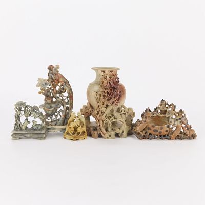 5 Chinese Soapstone Carvings. Group of five Chinese soapstone carvings including: carving of a 