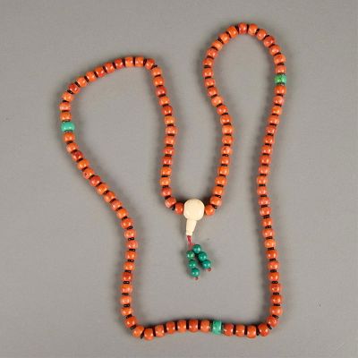 Chinese Coral Prayer Beads - Poss. Dya. Chinese Coral Prayer Beads, possibly dya. With organic 
