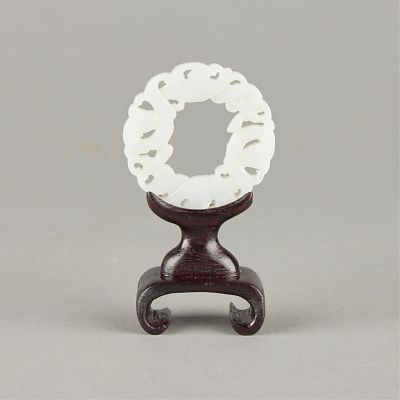 Chinese Carved Jade Bi Disk w/ Stand. Chinese pierced and carved jade ritual bi disc or roundel 