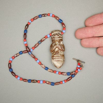 Chinese Beaded Stone Necklace w/ Jade Pendant. Chinese stone beaded necklace with carved jade 