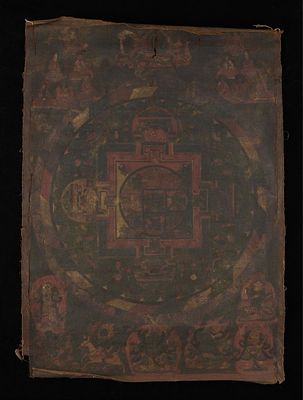 Tibetan Buddhist Thangka Painting. Tibetan thangka painting on cotton or silk depicting an 