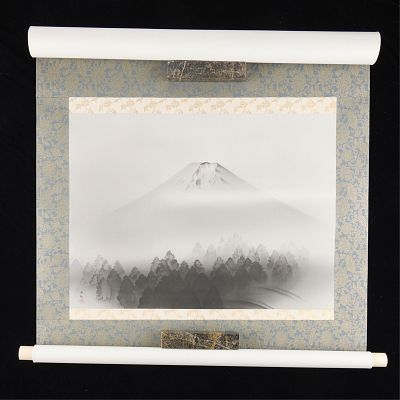 Asian Mountain Scroll Painting. Asian scroll painting depicting a mountain landscape scene. 