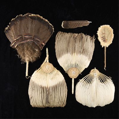 5 Antique Feather Hand Fans. Group of five antique feather hand fans or screens. Some with 