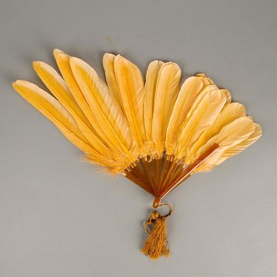 Yellow Feather & Amber Fan. Yellow feathered fan with amber sticks, ca. 20th c. Minneapolis 
