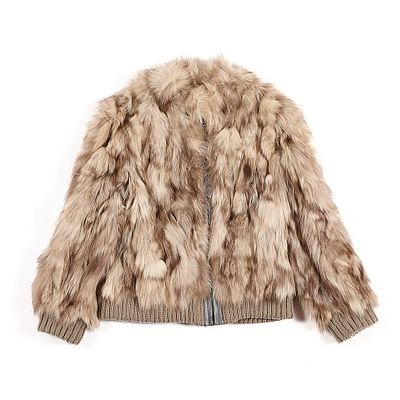 Knit Fur Jacket. Knit jacket with cream and brown colored fur, possibly composed of grey fox 