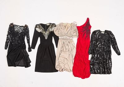 5 Elegant Evening Dresses. Including Pat Sandler for Wellmore black dress with sequin applique 