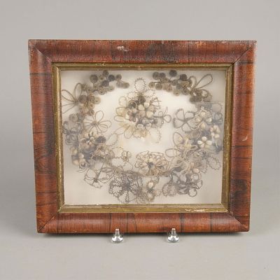 Victorian Hair Wreath. Ornate Victorian hairwork wreath. In the shape of flowers. In a frame. 