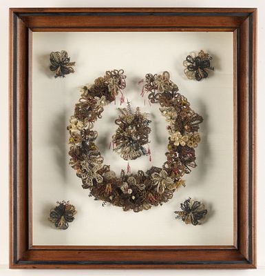Victorian Hairwork Wreath. Ornate Victorian hairwork wreath. In the shape of flowers. In a 