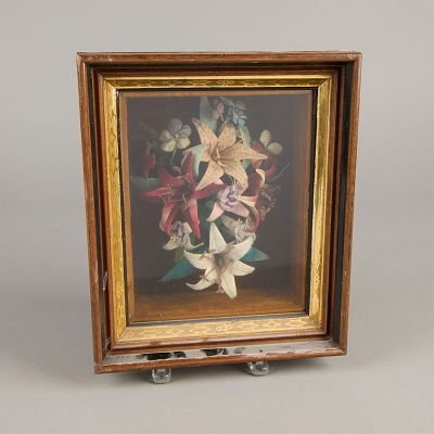 Antique Victorian Style Floral Yarn Bouquet. Framed Victorian-style bouquet of yarn flowers 