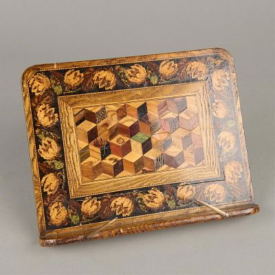 Tunbridgeware Inlaid Rosewood Bookrest ca. 1860. Inalid with various specimen woods in a cube 