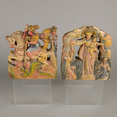 2 Sicilian Cart Fragments. Group of two polychrome carved wood cart fragments, Sicilian. 