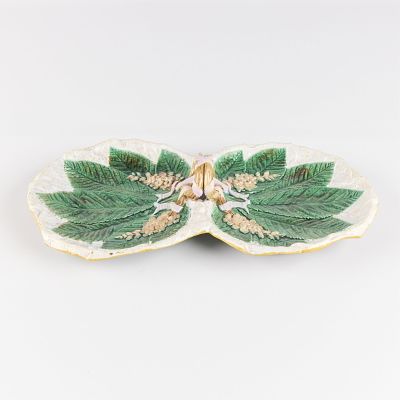 George Jones Ceramic Majolica Chestnut Dish. Studio ceramic glazed pottery double platter dish 