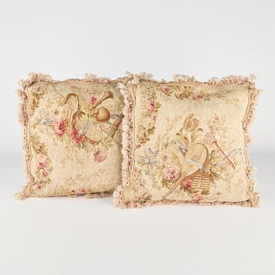 Pair Aubusson Tapestry Pillows. Tapestries depicting musical instruments. With green silk 