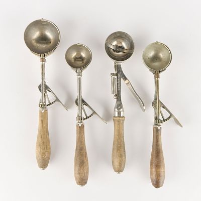 4 Antique Ice Cream Scoops. One marked "Gilchrist's No. 31." One marked "No. 3 Indestructo." 