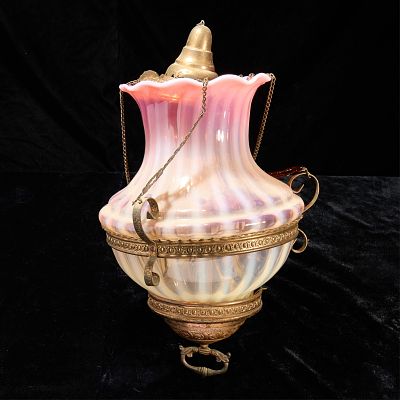 Hanging Parlor Lamp w/ Pink Glass Shade. Hanging pink glass parlor oil lamp. (Approx.) height: 