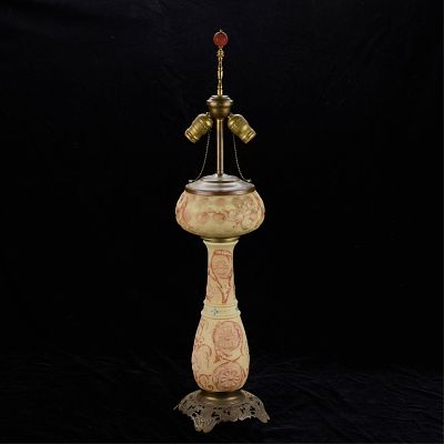 Victorian Parlor Floral Lamp. Antique Victorian glass and metal parlor table lamp. Decorated 