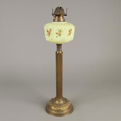 Victorian Style Vaseline Glass Parlor Lamp. Antique Victorian-style table lamp base. Adorned 