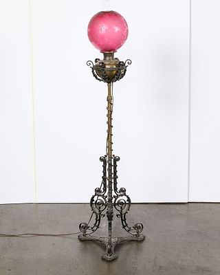 Victorian Piano Lamp w/ Pink Shade. Victorian-style piano lamp with cast iron base and 