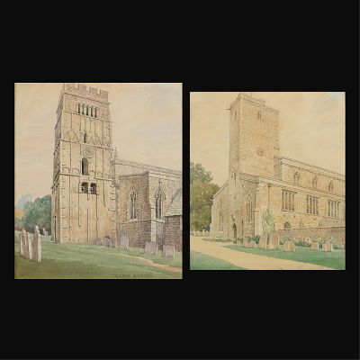 Pair English Church 19th c. Watercolors. Both depicting churches. One inscribed "Earles Barton" 