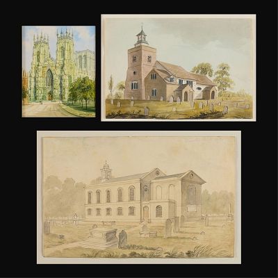3 English School Church WC. Group of three English school watercolor paintings of churches. One 