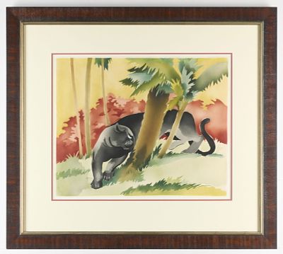 1950s Art Deco Tropical Panther Watercolor Painting. Mid-century Art Deco airbrushed watercolor 