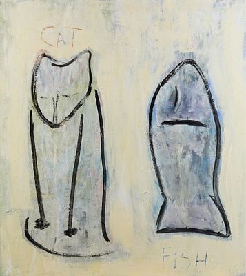 Oil on Canvas Cat & Fish Painting. Oil on canvas painting depicting a minimalist cat and fish 