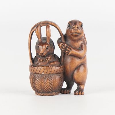 Japanese Hand-Carved Boxwood Rabbits-in-Basket Netsuke. Hand-carved Japanese boxwood netsuke 