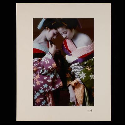 Japanese Maiko Photograph. Photograph of two women dressed in traditional Japanese maiko, or 