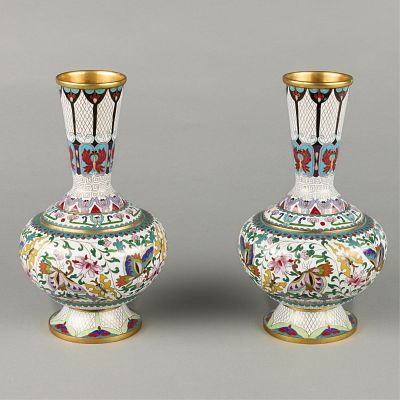 Pair Chinese Cloisonne Butterfly Vases. Pair Chinese enameled cloisonne vases depicting 