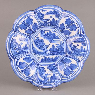 Antique Blue & White Delft Chinoiserie Style Lobed "Kraak" Dish. Antique blue and white ceramic 
