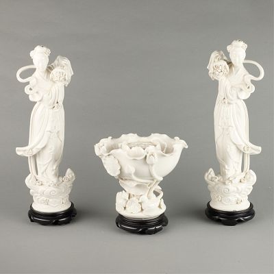 Chinese Blanc de Chine Porcelain Bowl & 2 Figures. Chinese porcelain Blanc de Chine raised 