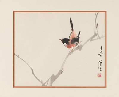 Chinese Ink on Paper Bird on Branch Print. Chinese ink on paper print of depicting a cardinal or 