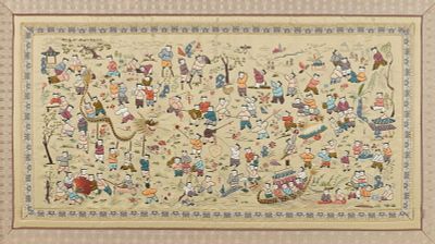 Chinese Embroidered Silk "100 Children Playing" Story Cloth. Chinese embroidered silk tapestry 
