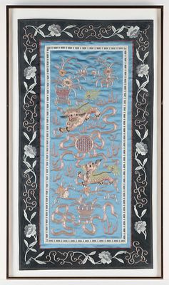 Chinese Silk Embroidered Kessi Panel. Framed Chinese silk embroidery kessi, kesi, or kosu 