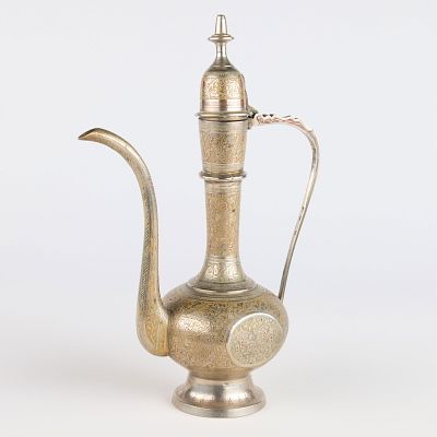 Turkish Etched Brass Aftaba Ewer Pot. Turkish brass aftaba, ewer, or teapot with tall neck 