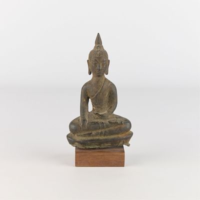 Seated Burmese Buddha Figurine. Cast metal concrete filled figure in the form of a seated 