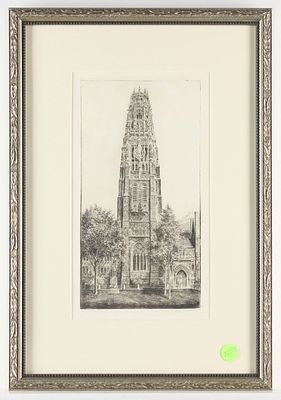 George Bradshaw "Harkness Tower at Yale" Etching. Etching depicting the Harkness Tower at Yale 