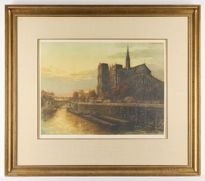 Signed "Notre Dame Cathedral" Print. Etching depicting the Notre Dame Cathedral illuminated by 