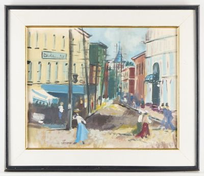 Vintage Oil on Board City Street Landscape Painting - Initialed JH. Vintage oil on board 