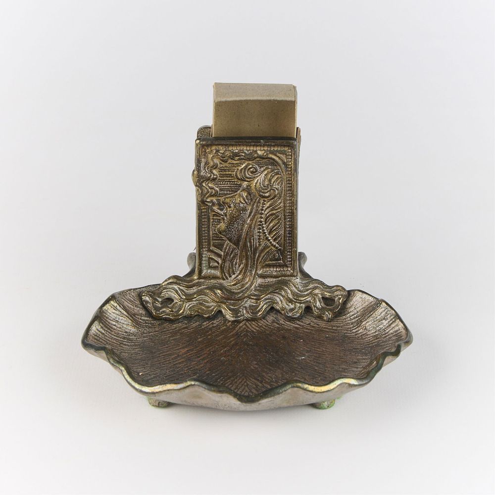 Art Nouveau Bronze Ashtray & Match Holder. Art Nouveau bronze scalloped ashtray and match 