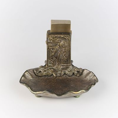 Art Nouveau Bronze Ashtray & Match Holder. Art Nouveau bronze scalloped ashtray and match holder 