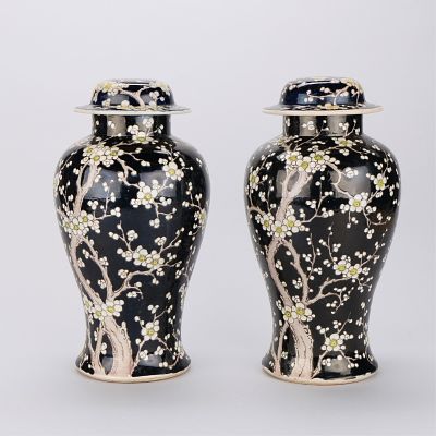 Pr Japanese Porcelain White Prunus Vases. Pair of Japanese porcelain lidded baluster vases 