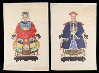 Pr Chinese Ancestor Portraits. Pair of Chinese ancestor portrait paintings on linen, likely ca. 