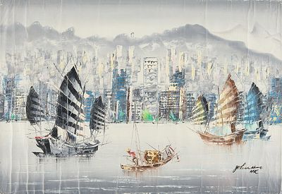 John Ho "Hong Kong Harbor" O/C Painting. Oil on canvas painting depicting fishing boats in the 