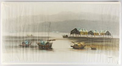 Tony Wong "Boats in the Harbor" O/C Painting. Oil on canvas painting depicting a serene harbor 