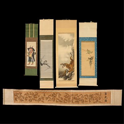 5 Chinese Ink & Watercolor Scroll Paintings. Group of five Chinese ink and watercolor scroll 