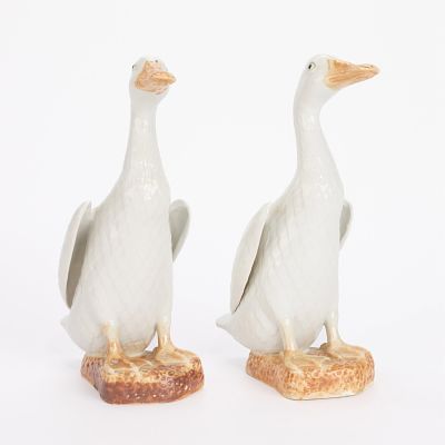 2 Chinese Export Porcelain Geese Figures. Group of two Chinese export porcelain geese figures. 